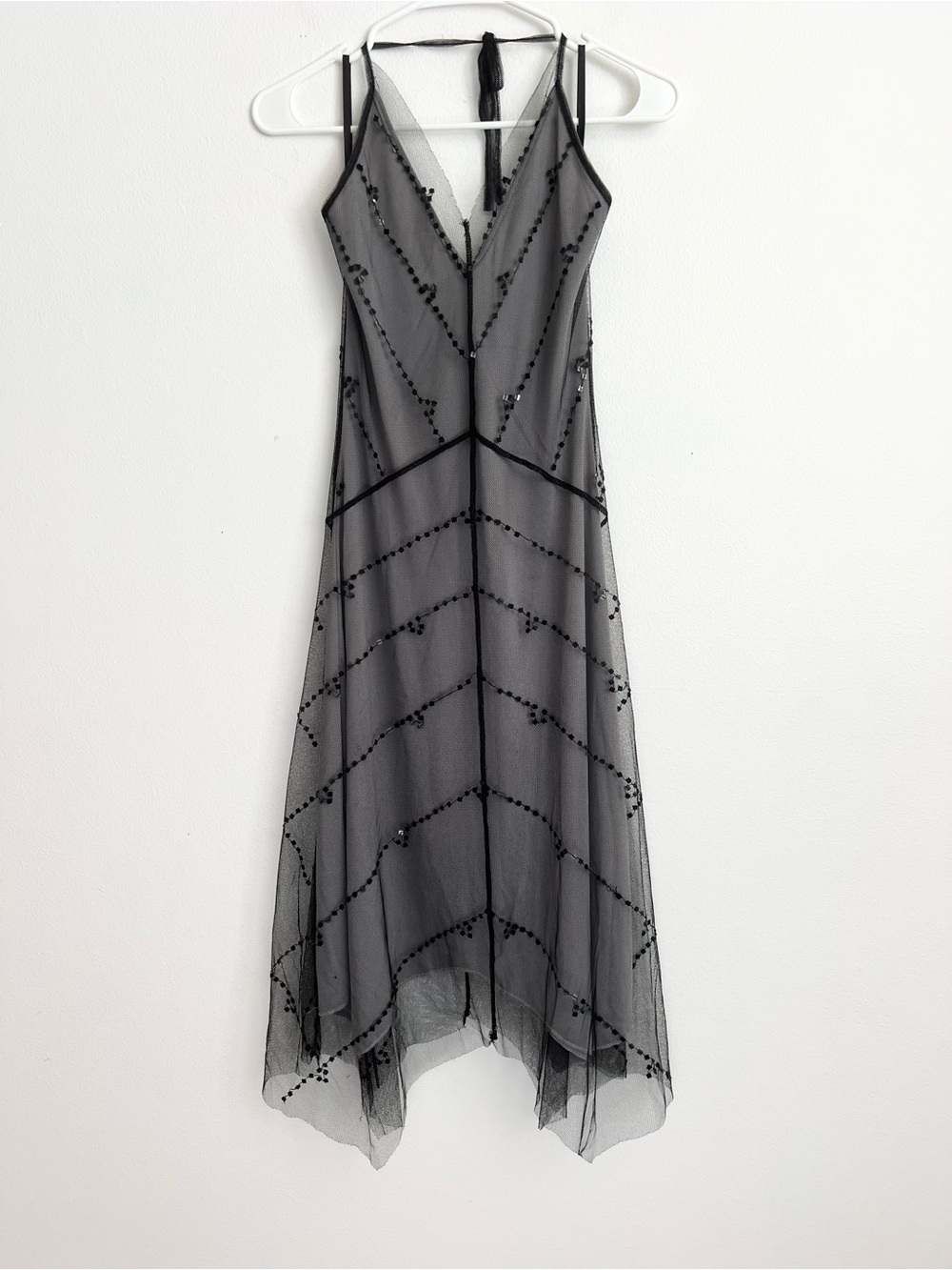 Y2K Whimsigoth XS Black Sequin Mesh Halter Dress Asymmetric Hem Midi Goth Party